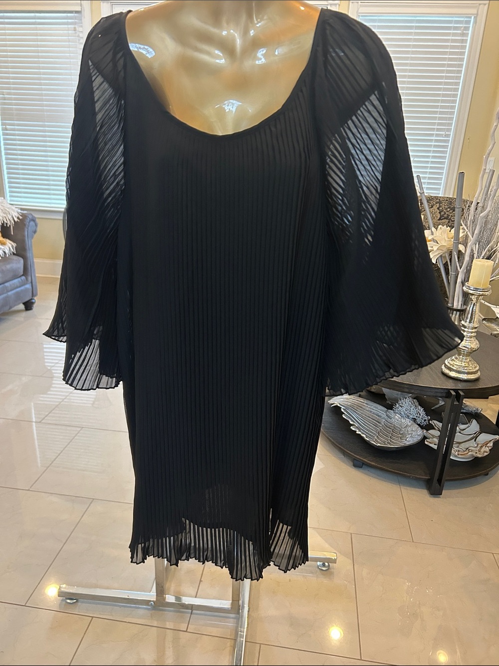 Silhouette Black Pleated Shift Dress with Sheer Bell Sleeves